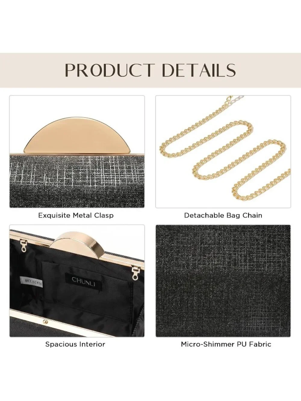👜 Women's Black Champagne Clutch Formal Elegance Evening Glitter Handbags
